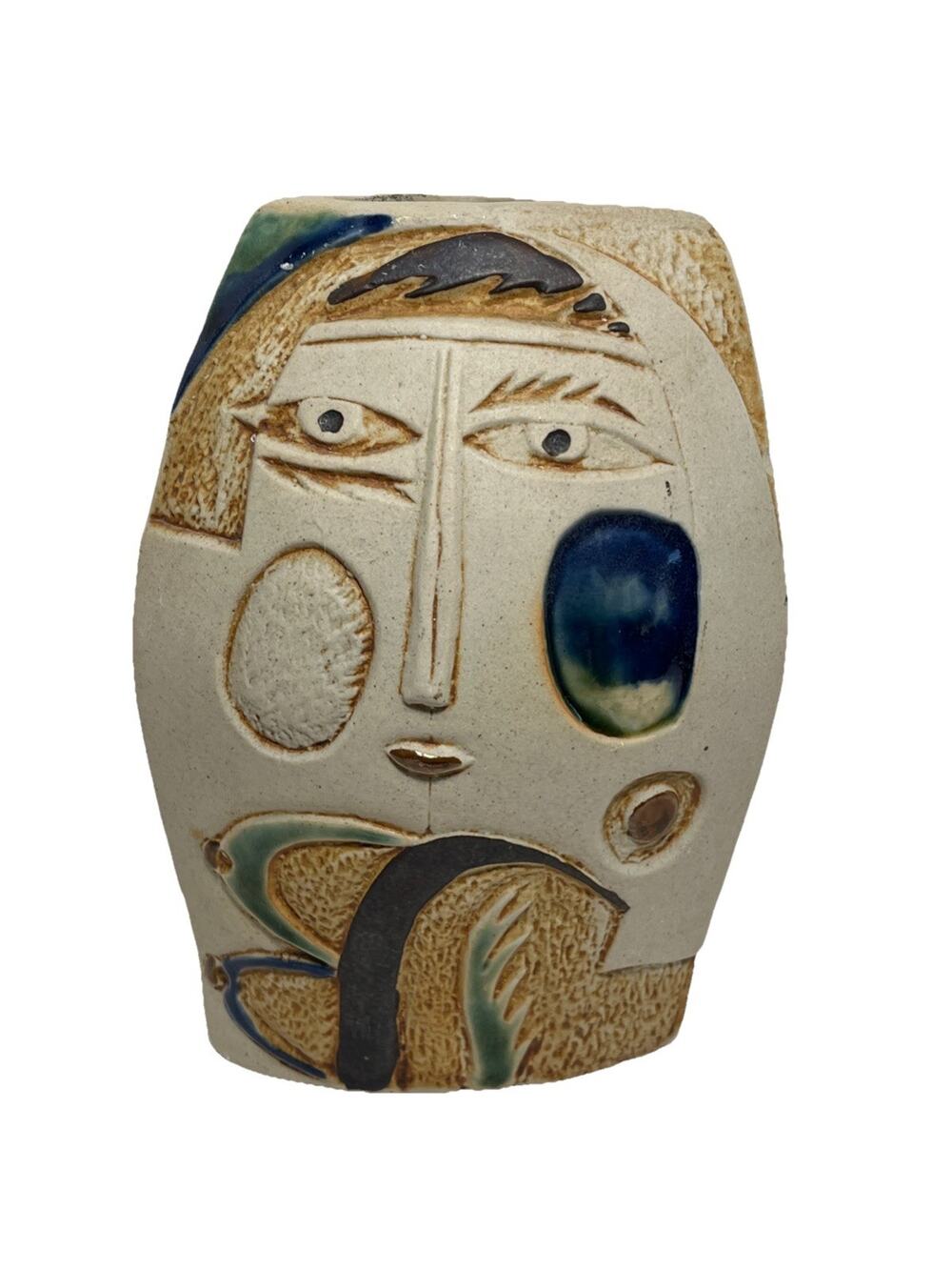 Vintage Modern Picasso Style Faces Vase 3 Sided 7 1/4” Tall script & figural
